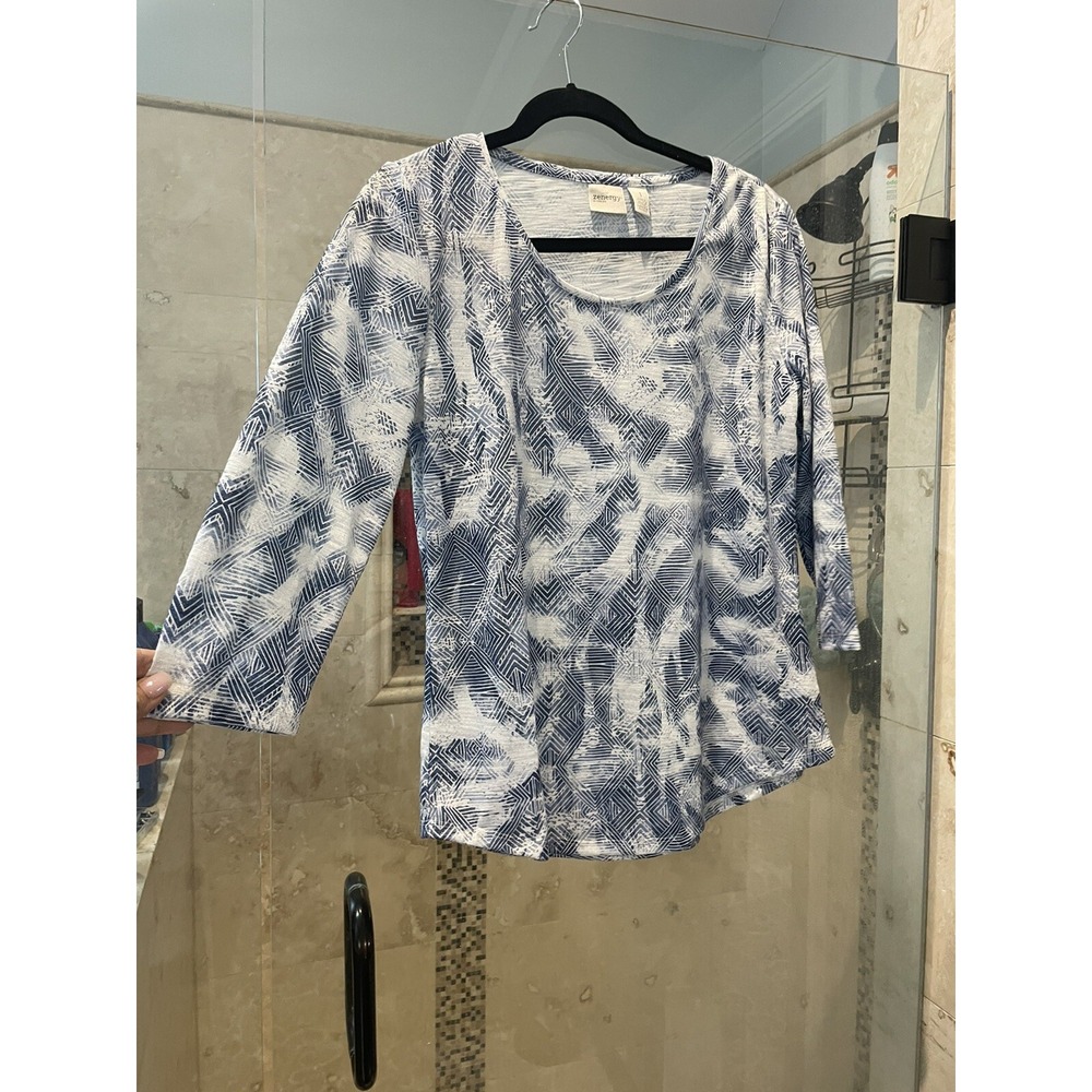 Chico's Zenergy Cozy Shimmer Blue White Linen Feel Poly Tunic Top Size 1 Batik